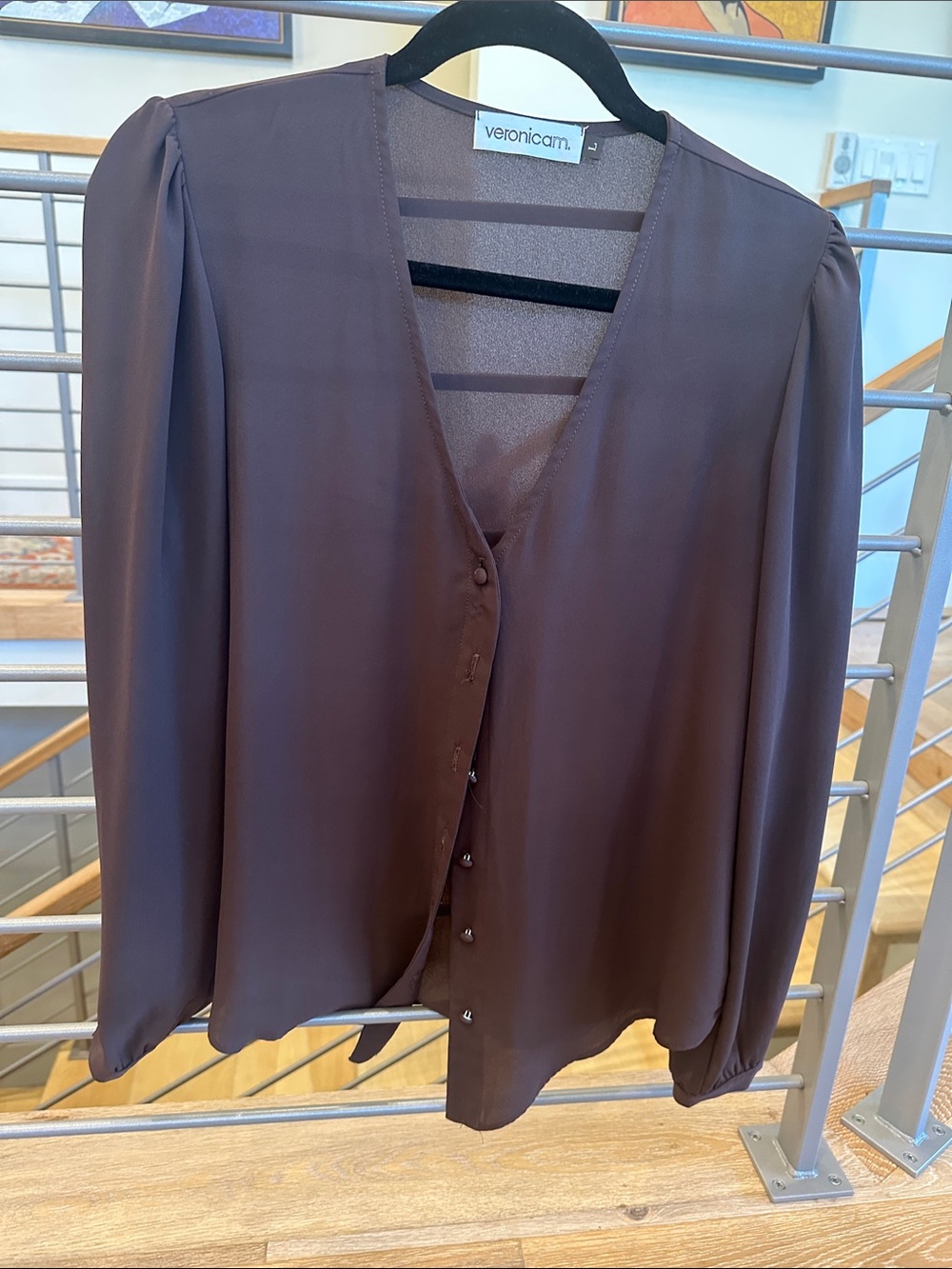 Veronica M. Chocolate Brown V-Neck Button Front Covered Blouse